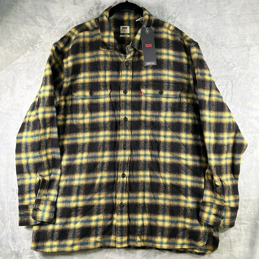 Levi's Mens X-Large Flannel Shirt The Worker Relaxed Fit Plaid Yellow Blue Black